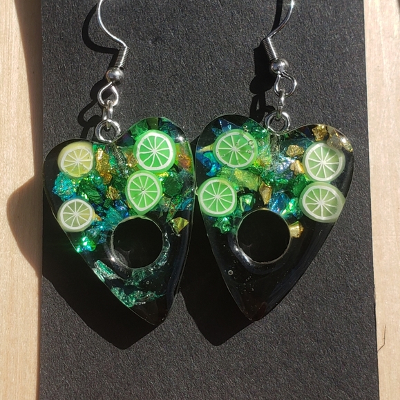 Lime and Lemon Planchette Earrings/ Stainless steel hooks/ Resin Jewelry - Picture 2 of 3